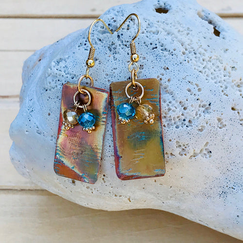Flame Painted Textured Copper Rectangle Earrings with Crystal Dangles