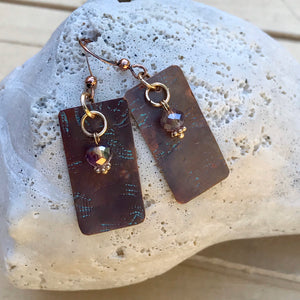 Rectangle Textured Copper Earrings with Faceted Crystal Beads