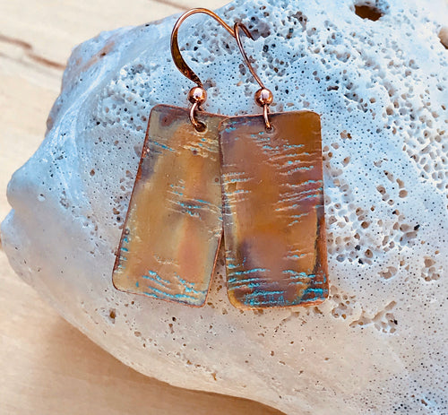 Textured and Flame Painted Rectangle Copper Earrings