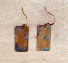 Load image into Gallery viewer, Textured and Flame Painted Rectangle Copper Earrings