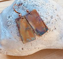 Load image into Gallery viewer, Textured and Flame Painted Rectangle Copper Earrings