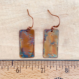 Textured and Flame Painted Rectangle Copper Earrings