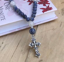 Load image into Gallery viewer, Natural Blue and White Stone Christian Prayer Beads
