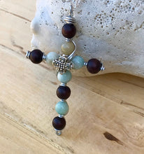 Load image into Gallery viewer, Decorative Amazonite and Wood Beaded Cross Necklace