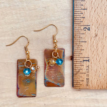 Load image into Gallery viewer, Flame Painted Textured Copper Rectangle Earrings with Crystal Dangles