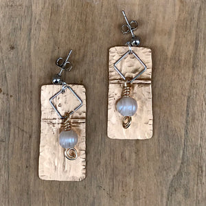 Hammered and Folded Gold Cross Earrings with White Pearl Dangle