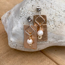Load image into Gallery viewer, Hammered and Folded Gold Cross Earrings with White Pearl Dangle