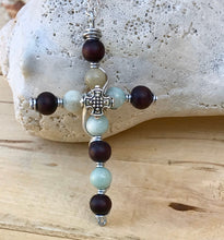 Load image into Gallery viewer, Decorative Amazonite and Wood Beaded Cross Necklace