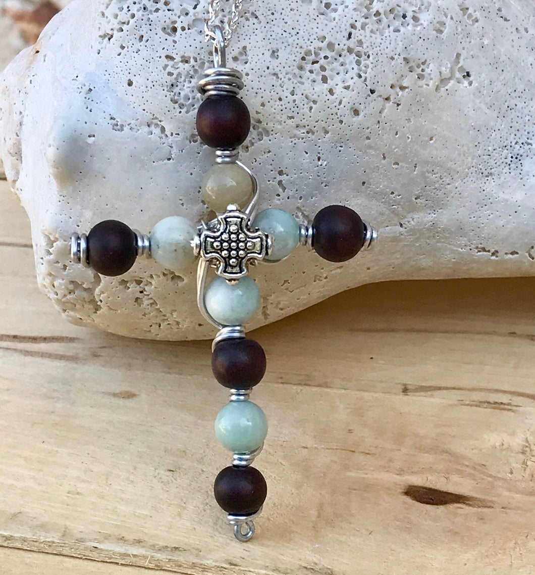 Decorative Amazonite and Wood Beaded Cross Necklace