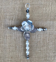 Load image into Gallery viewer, Decorative Silver Beaded Cross with White Pearlized and Silver Beads. Centered is a Silver Flower with a Pearl Bead Center. Silver Stand is Included.
