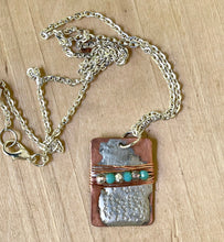 Load image into Gallery viewer, Square Copper Pendant with Silver Design and Wrapped Crystal Beads