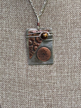 Load image into Gallery viewer, Textured Silver Pendant with Attached Copper Designs and a Wire Wrapped Copper Bead