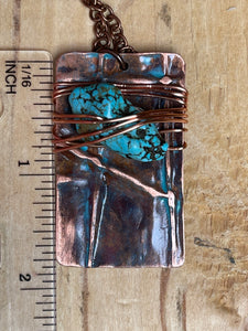Turquoise Necklace/Copper Necklace/Large Beaded Necklace/Folded Copper Necklace/Wire Wrap Necklace/Unique Necklace/Rectangle Necklace