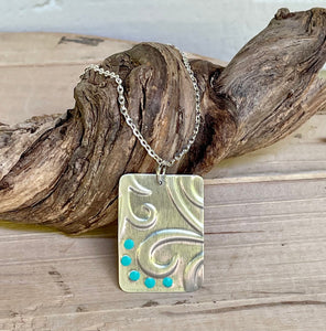 Silver Swirl Pendant Necklace/Silver Pressed Metal Design Necklace/Rectangle Necklace/Painted Necklace/Light Weight Necklace/Teal Necklace