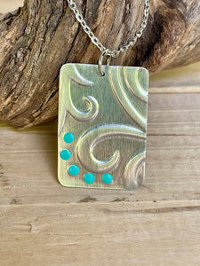 Silver Swirl Pendant Necklace/Silver Pressed Metal Design Necklace/Rectangle Necklace/Painted Necklace/Light Weight Necklace/Teal Necklace