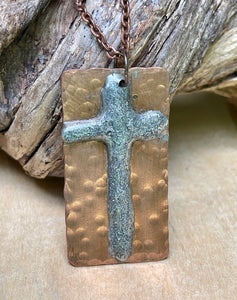 Hammered Copper with Silver Cross Pendant Necklace