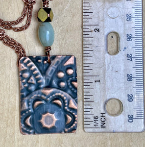 Decorative Copper Pendant/Embossed Copper Necklace/Patterned Copper Pendant/Unique Necklace/Amazonite Bead Necklace/Rectangle Copper Pendant