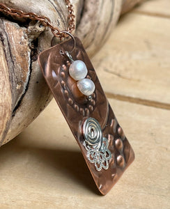 Decorative Copper Pendant/Embossed Copper Necklace/Silver Swirl Copper Pendant/Pearl Necklace/Sunshine Necklace/Rectangle Copper Pendant