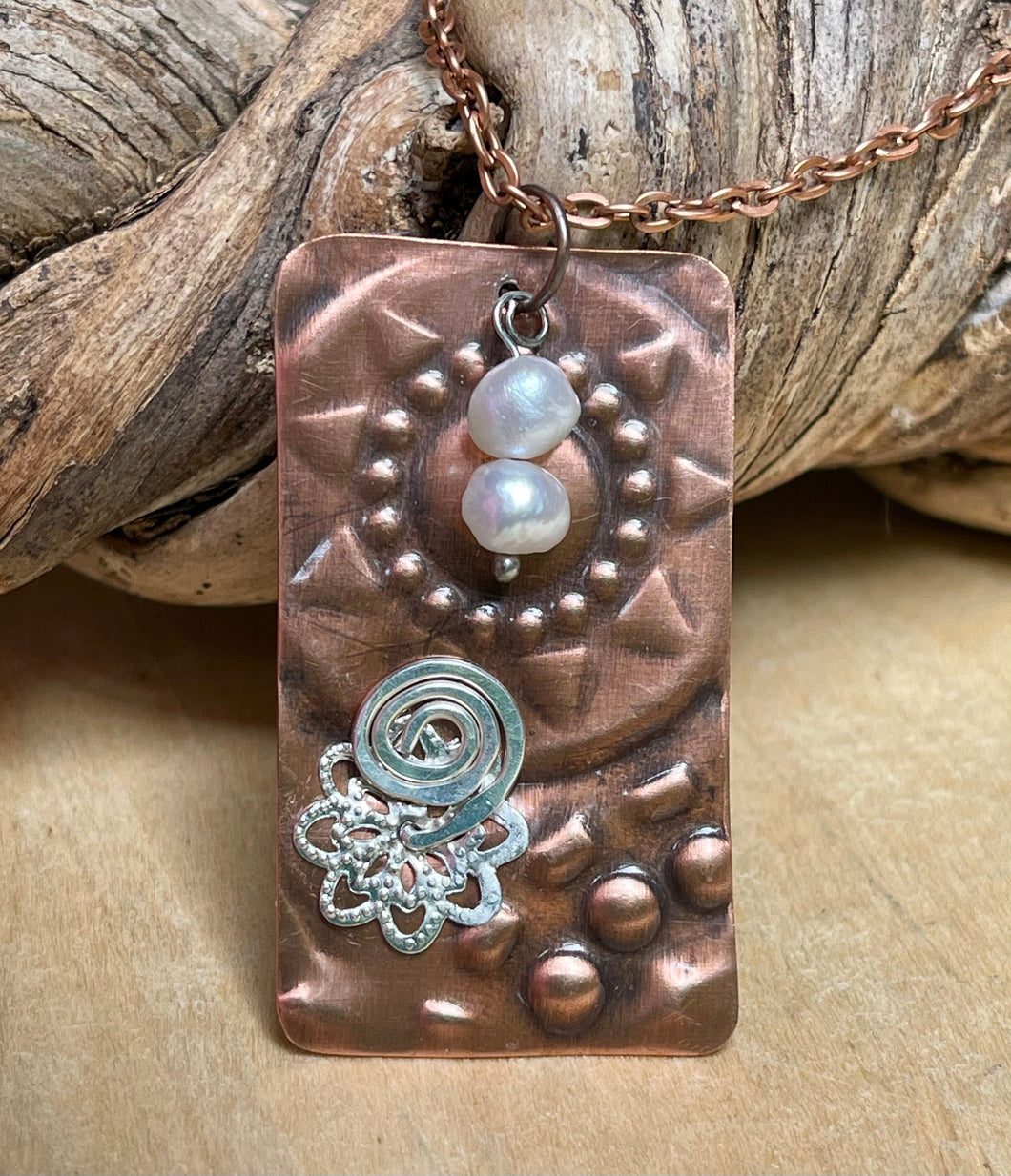 Decorative Copper Pendant/Embossed Copper Necklace/Silver Swirl Copper Pendant/Pearl Necklace/Sunshine Necklace/Rectangle Copper Pendant