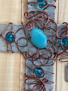 Hammered Metal Display Cross with Turquoise Bead, Copper Wire and Silver Stand