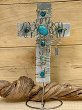 Load image into Gallery viewer, Decorative Hammered Aluminum Display Cross Embellished with Gold Wire and Turquoise Colored Beads. Silver Stand Included