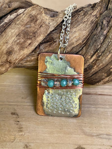 Square Copper Pendant with Silver Design and Wrapped Crystal Beads
