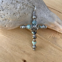Load image into Gallery viewer, Natural Stone Sea Foam Green Beaded Cross Necklace