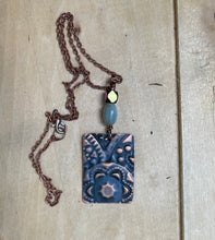 Load image into Gallery viewer, Decorative Copper Pendant/Embossed Copper Necklace/Patterned Copper Pendant/Unique Necklace/Amazonite Bead Necklace/Rectangle Copper Pendant