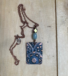 Decorative Copper Pendant/Embossed Copper Necklace/Patterned Copper Pendant/Unique Necklace/Amazonite Bead Necklace/Rectangle Copper Pendant
