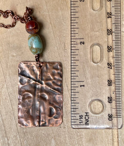 Decorative Copper Cross Pendant/Folded Copper Necklace/Christian Gift/Religious Gift/Amazonite Bead /Youth Pastor Gift/Embossed Copper