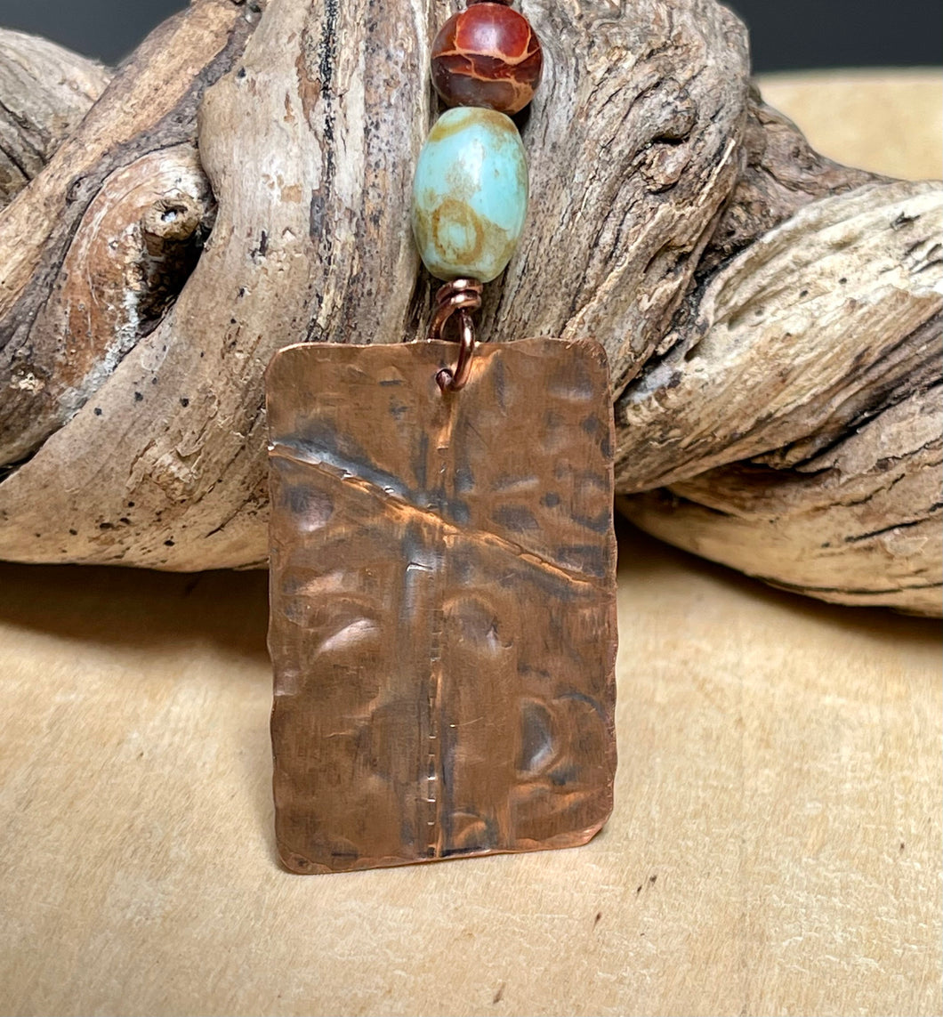 Decorative Copper Cross Pendant/Folded Copper Necklace/Christian Gift/Religious Gift/Amazonite Bead /Youth Pastor Gift/Embossed Copper