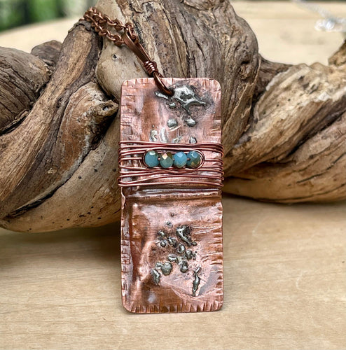 Copper Pendant Necklace/Decorative Copper Necklace/Beaded Necklace/Crystal Necklace/Wire Wrap Necklace/Unique Necklace/Rectangle Necklace