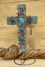 Load image into Gallery viewer, Hammered Metal Display Cross with Turquoise Bead, Copper Wire and Silver Stand