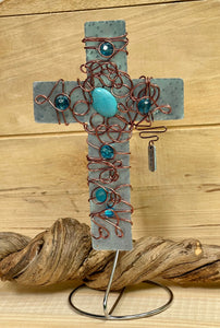 Hammered Metal Display Cross with Turquoise Bead, Copper Wire and Silver Stand