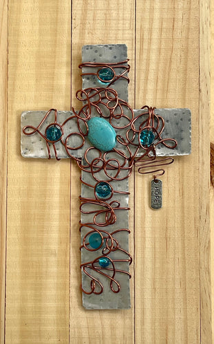 Hammered Metal Display Cross with Turquoise Bead, Copper Wire and Silver Stand