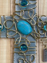 Load image into Gallery viewer, Decorative Hammered Aluminum Display Cross Embellished with Gold Wire and Turquoise Colored Beads. Silver Stand Included