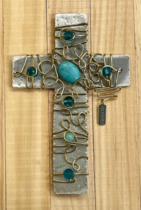Decorative Hammered Aluminum Display Cross Embellished with Gold Wire and Turquoise Colored Beads. Silver Stand Included