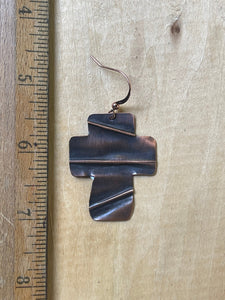 Folded Antiqued Copper Cross Earrings
