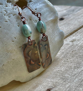 Turquoise Bead and Embossed Copper Earrings