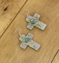Load image into Gallery viewer, Silver and Gold Cross Earrings with Gold Wire Wrapping Crystal Beads