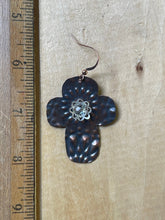 Load image into Gallery viewer, Embossed Antiqued Copper Cross and Crystal Earrings