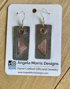 Silver and Copper Mixed Metal Earrings, Geometric Shapes and Swirl