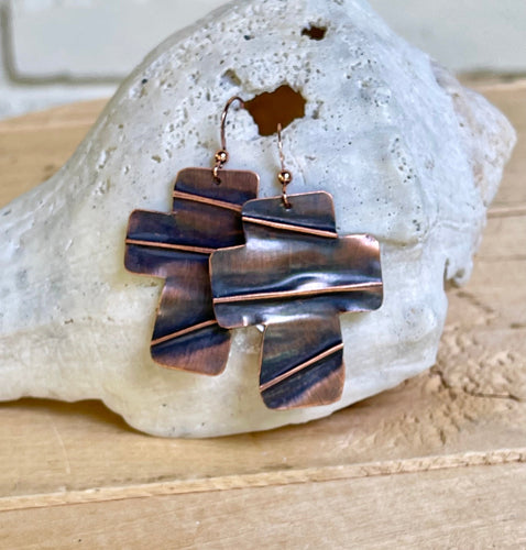Folded Antiqued Copper Cross Earrings