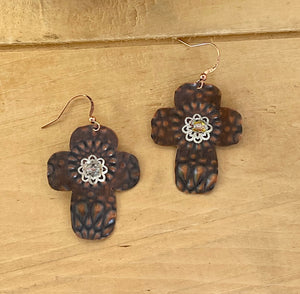 Embossed Antiqued Copper Cross and Crystal Earrings