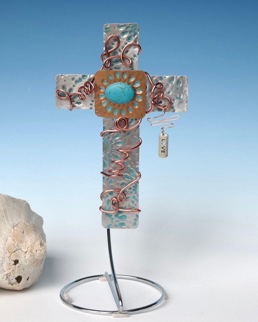 Turquoise Cross/Beaded Cross/Decorative Cross/ Silver Cross/ Christian Gift/Religious Gift/Desktop Cross/Personalized Cross