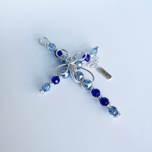 Pearlized Blue and Crystal Beaded Display Cross with Silver Hanger