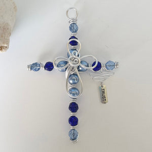 Pearlized Blue and Crystal Beaded Display Cross with Silver Hanger