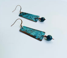 Load image into Gallery viewer, Ocean Blue Trapezoid Copper Earrings with Dangling Apatite Bead