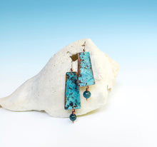 Load image into Gallery viewer, Ocean Blue Trapezoid Copper Earrings with an Apatite Bead Dangle