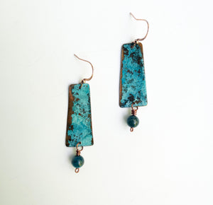 Ocean Blue Trapezoid Copper Earrings with Dangling Apatite Bead